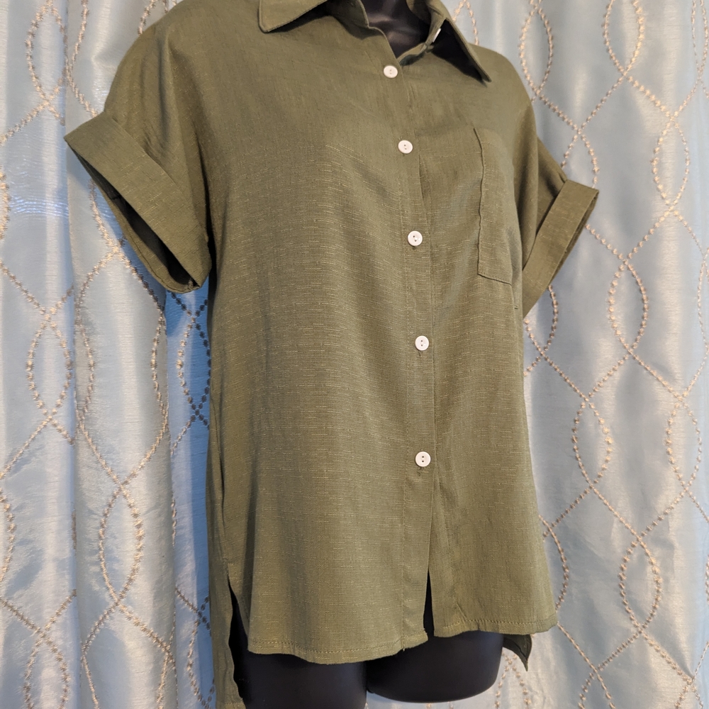 107. NWOT Green Button Down Shirt with Short Sleeves - Picture 2 of 6